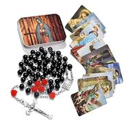 EZVFIRPDFZ Rosary Beads Catholic Necklace Holy Soil Medal Cross Crucifix with Metal Box and 18pcs Prayer Cards