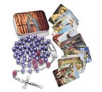 EZVFIRPDFZ Rosary Beads Catholic Necklace Holy Soil Medal Cross Crucifix with Metal Box and 18pcs Prayer Cards