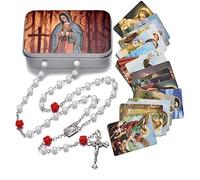 EZVFIRPDFZ Rosary Beads Catholic Necklace Holy Soil Medal Cross Crucifix with Metal Box and 18pcs Prayer Cards
