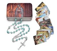 EZVFIRPDFZ Rosary Beads Catholic Necklace Holy Soil Medal Cross Crucifix with Metal Box and 18pcs Prayer Cards
