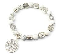 EZVFIRPDFZ Rosary Bracelet for Women Saint Benedict Medal Bracelet with Marble White Beads Catholic San Benito Medalla Recuerdos de Niño,Pulsera de San Benito Mujer Confirmacion