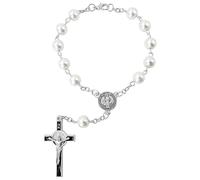 EZVFIRPDFZ Sacred Saint Benedict Medal One Decade Catholic Rosary for Car Rearview Mirror Glass Pearl Beads Auto Rosaries Bracelet for Women Men St Benedict Crucifix Religious
