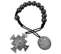 EZVFIRPDFZ Saint Benedict Medal Cross One Decade Catholic Rosary for Car Rearview Mirror 10mm Black Hematite Beads Tenner Pocket Auto Rosaries Velvet Pouch&Prayer Card Religious for Men Women