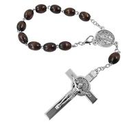 EZVFIRPDFZ Saint Benedict Medal One Decade Catholic Rosary for Car Rearview Mirror Brown Wood Prayer Beads Sacred St Benedict Crucifix Rosaries Bracelet Religious for Men Women