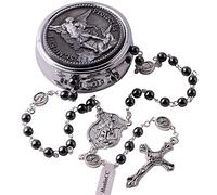 EZVFIRPDFZ Saint Michael the Archangel Hematite Black Stone Beads Rosary Necklace with Metal Gift Box for Men