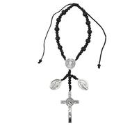 EZVFIRPDFZ St Benedict Black Cord Auto Rosary,Patron Saint of Protection Car Accessory,Silver Tone Medals,8 Inches