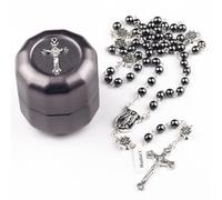 EZVFIRPDFZ St.Michael Catholic Rosary Necklace Hematite Stone Beads with Metal Cross Glory Beads for Men and Women in Metal Box