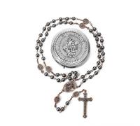 EZVFIRPDFZ St Michael Rosary Hematite Stone Beads Necklace Metal Beaded Glory Beads Archangel Medal&Cross with Metal Gift Box