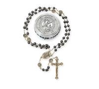 EZVFIRPDFZ St Michael Rosary Hematite Stone Beads Necklace Metal Beaded Glory Beads Archangel Medal&Cross with Metal Gift Box