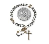 EZVFIRPDFZ St Michael Rosary Hematite Stone Beads Necklace Metal Beaded Glory Beads Archangel Medal&Cross with Metal Gift Box