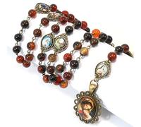 EZVFIRPDFZ Vintage Design Rosary Agate Stone Beads 8mm Five Decades Rosary Necklace Miraculous Medal&Holy Mary Baby Medallion 22”