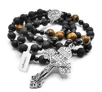 EZVFIRPDFZ Volcanic stone rosary beads catholic for men,Rosary Necklace for men with medal&cross,Handmade black stone Beads St.Benedict Rosary Cross Necklace Catholic Gifts