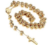 EZVFIRPDFZ Womens Men's Stainless Steel 8mm Beads Gold Christ Crucifix Cross Rosary Pendant Necklace,37 inch