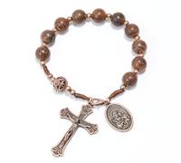 EZVFIRPDFZ Wood Beads One Decade Rosary Handmade Pocket Car Mirror with Saint Medal and Jesus Cross in Antique Bronze Wooden Travel Friendly Rosary
