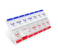 EZY DOSE Push Button (7-Day) Pill, Medicine, Vitamin Organizer, Weekly, 2 Times a Day, AM/PM, Large Compartments, Arthritis Friendly, Clear Lids, Red/Blue