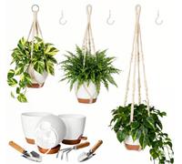 Ezylivin 3 Pack Self Watering Hanging Plant Pots with Macrame Plant Hangers & Garden Tool Set - Indoor Outdoor Hanging Planters with Ceiling Hooks, White Plants Holders for Home Balcony Garden