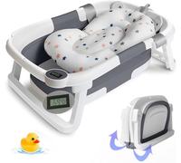 EzyWay Foldable Baby Bath Tub with Thermometer for Real Time Temperature, Temperature Sensing Drain Plug, Anti-Slip Legs Collapsible Tub with Cushion Pad (Grey)