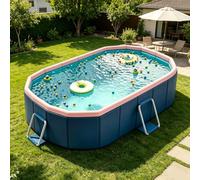 EZZPGDKU Foldable Swimming Pool for Garden - Non Inflatable, Steel Frame Anti-Bulge, High-Density Mesh PVC, Dual Drain, No Assembly, Portable Paddling Pool for Adults & Pets 183x138x45 Cm