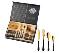 (F) 24PCS Gold Cutlery Dinner Set Stainless Steel Dishes Fork Spoon Knife Set Tableware Teaspoons Kitchen Dinnerware Set With Box