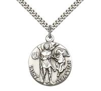 F A Dumont Church Supplies Sterling Silver St. Sebastian Pendant with 24" Stainless Silver Heavy Curb Chain. Patron Saint of Athletes/Soldiers, Sterling Silver, No Gemstone