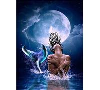 F-CANLAN Round Full Drill Diamond Painting Kit, 5D DIY Mermaid Moon Paint with Diamonds Mermaid Diamond Painting with Gem for Adult Starry Mermaid Rhinestone Diamond Art Room Decor (12X16 inches)
