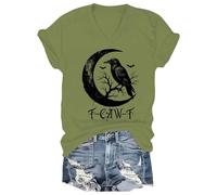 F-CAW-F Shirt Women Black Crow Funny Bird Moon Gothic Humor T-Shirt Short Sleeve Round Neck Halloween Tops F-CAW-F Tshirt for Womens(Green, XL)
