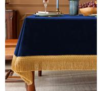 F-CHU Blue Tablecloth Thickset Velvet Tablecloth with Beautiful Gold Tassels Vintage Table Cloth for Home Decor Wedding, Party, Banquet and Events 60x86-Inch