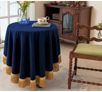 F-CHU Blue Tablecloth Thickset Velvet Tablecloth with Beautiful Gold Tassels Vintage Table Cloth for Home Decor Wedding, Party, Banquet and Events 60" Round