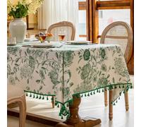 F-CHU Boho Tassel Tablecloth Cotton Linen Floral Tablecloths for Dining Room, Indoor and Dining Table Covers Home Decor, Rectangular Tablecloth 60 x 86 inches,Green