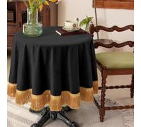 F-CHU Luxury Black Tablecloth Thickset Velvet Tablecloth with Beautiful Gold Tassels Vintage Table Cloth for Home Decor Wedding, Party, Banquet and Events 48" Round