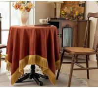 F-CHU Luxury Burnt Orange Tablecloth Thickset Velvet Tablecloth with Beautiful Gold Tassels Table Cloth for Home Decor Wedding, Party, Banquet and Events 60x60-Inch