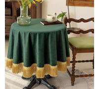 F-CHU Luxury Green Tablecloth Thickset Velvet Tablecloth with Beautiful Gold Tassels Vintage Table Cloth for Home Decor Wedding, Party, Banquet and Events 48" Round