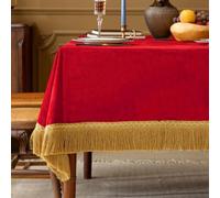 F-CHU Red Tablecloth Thickset Velvet Tablecloth with Beautiful Gold Tassels Vintage Table Cloth for Home Decor Wedding, Party, Banquet and Events 60x86-Inch