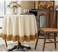 F-CHU White Tablecloth Thickset Velvet Tablecloth with Beautiful Gold Tassels Vintage Table Cloth for Home Decor Wedding, Party, Banquet and Events 48" Round