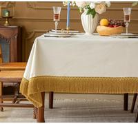 F-CHU White Tablecloth Thickset Velvet Tablecloth with Beautiful Gold Tassels Vintage Table Cloth for Home Decor Wedding, Party, Banquet and Events 60x120-Inch