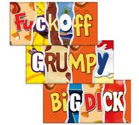 F#ckoff + Grumpy + Big Dick. Mixed Triple Pack - 3x Rude Novelty Chocolate Bar Wrappers. Choc Bar Covers Funny Joke Prank Insult Gift Fun Friend Secret Santa. Pack of 3. (Chocolate Not Included)