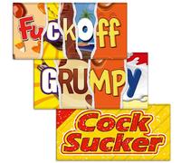 F#ckoff + Grumpy + Cock Sucker. Mixed Triple Pack - 3x Funny Chocolate Bar Wrappers. Choc Bar Covers Rude Joke Prank Insult Gift Fun Friend Secret Santa. Pack of 3. (Chocolate Not Included)