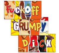 F#ckoff + Grumpy + Dick. Mixed Triple Pack - 3x Rude Chocolate Bar Wrappers. Choc Bar Covers Novelty Joke Prank Insult Gift Fun Friend Secret Santa. Pack of 3. (Chocolate Not Included)