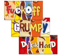 F#ckoff + Grumpy + Dickhead. Mixed Triple Pack - 3x Funny Chocolate Bar Wrappers. Choc Bar Covers Rude Joke Prank Insult Gift Fun Friend Present. Pack of 3. (Chocolate Not Included)