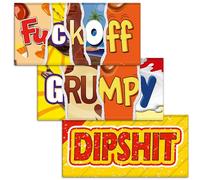 F#ckoff + Grumpy + Dipshit. Mixed Triple Pack - 3x Funny Chocolate Bar Wrappers. Choc Bar Covers Rude Joke Prank Insult Gift Fun Friend Secret Santa. Pack of 3. (Chocolate Not Included)