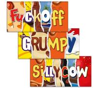 F#ckoff + Grumpy + Silly Cow. Mixed Triple Pack - 3x Funny Chocolate Bar Wrappers. Choc Bar Covers Rude Joke Prank Insult Gift Fun Friend Secret Santa. Pack of 3. (Chocolate Not Included)
