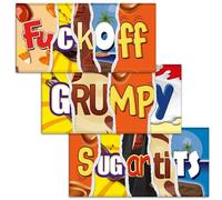 F#ckoff + Grumpy + Sugar Tits. Mixed Triple Pack - 3x Funny Chocolate Bar Wrappers. Choc Bar Covers Rude Joke Prank Insult Gift Fun Friend Secret Santa. Pack of 3. (Chocolate Not Included)