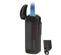 F.E.S.S. CEO Triple Torch Lighter by Lotus Group - Windproof Butane Lighter with Fuel Level Window, Large Flame Adjuster, Fold-Out Cigar Punch, Metal Housing - Lights up to 12,000 Feet