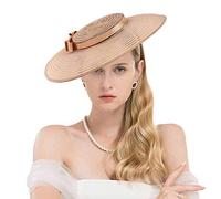 F FADVES Fascinators for Women Elegant Wide Brim Tea Party Church Wedding Hat, Light Brown, M/L