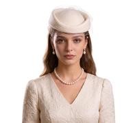 F FADVES Womens Fascinators Hats Vintage 60s Wool Cap Stewardess Pillbox Hat Teardrop Cocktail Fascinator Base Hair Clip, White with Veil, M