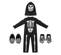 F Fityle Child Skeleton Halloween Costume Full Body Cosplay Jumpsuit With Bone Print Hood For Stage Performance Party