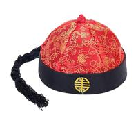 F Fityle Chinese Oriental Hat Chinese Emperor Hat Landlord Hat for Men Role Play Funny with Ponytail Party Costume Cap for Fancy Dress, Red and Black
