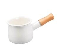 F Fityle Enamel Milk Pan, Mini Butter Warmer 10cm Saucepan Pan Cookware with Wooden Handle, Coffee Warmer, Chocolate Melting Pot, White, 10cm