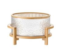 F Fityle Glass Fruit Bowl with Wooden Stand for Kitchen Counter Buffet Serving Salad Dessert Container Centerpiece, L, Hammered with Lid