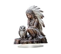 F Fityle Indian Girl Owl Statue Flat Acrylic Ornament Home Decor Accent Collectible Sculpture for Xmas Fireplace Holiday Bookshelf